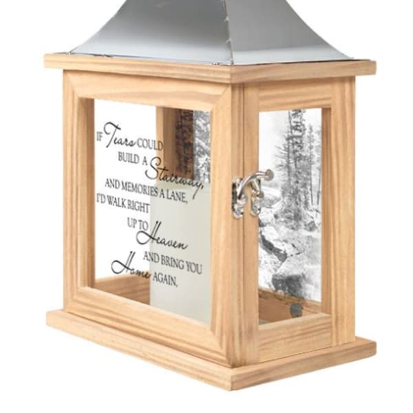 Wooden memorial lantern with a metal top and printed quote