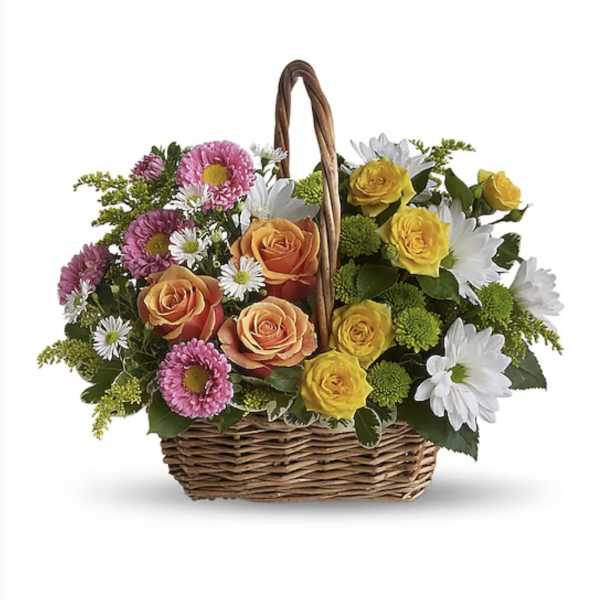 Basket arrangement with roses, daisies, and chrysanthemums