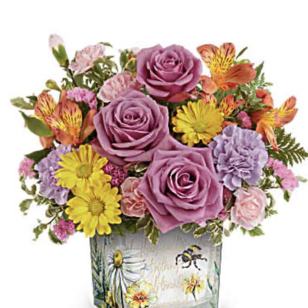Bouquet of purple roses, yellow daisies, and pink carnations in a painted glass vase