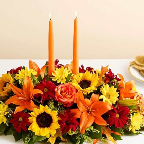 Low floral centerpiece with orange candles and bright autumn flowers