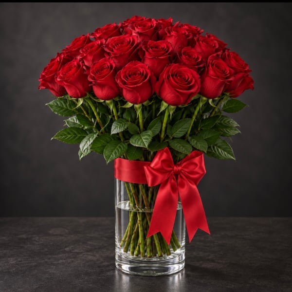 Red roses arranged in a clear glass vase with a red ribbon bow