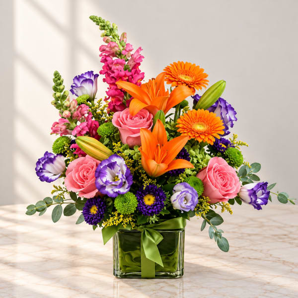Colorful bouquet with orange lilies, pink roses, and purple blooms in a glass vase
