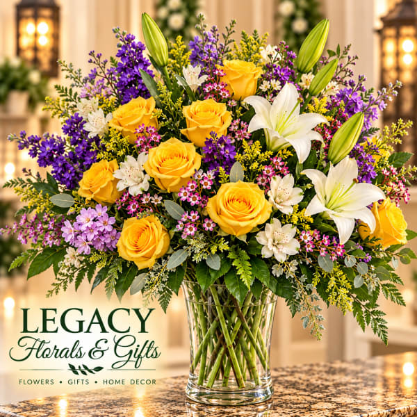 Yellow roses and white lilies in a clear glass vase