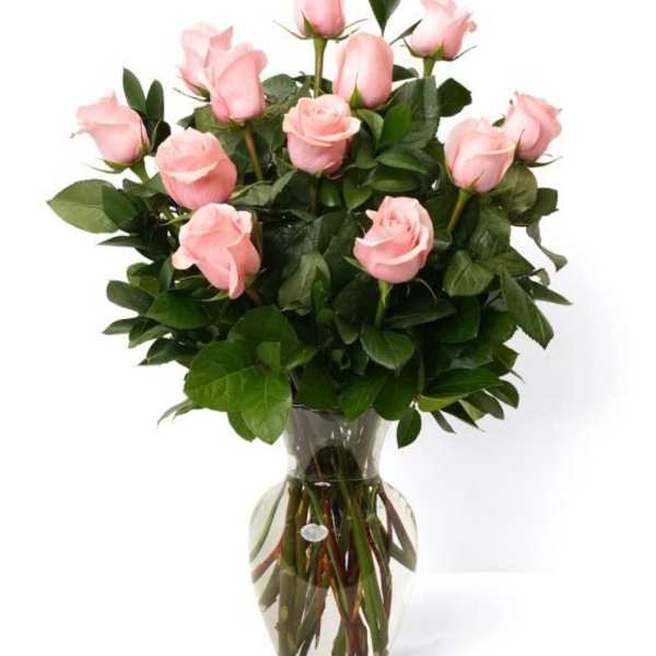 Arrangement of light pink roses in a clear glass vase with visible stems