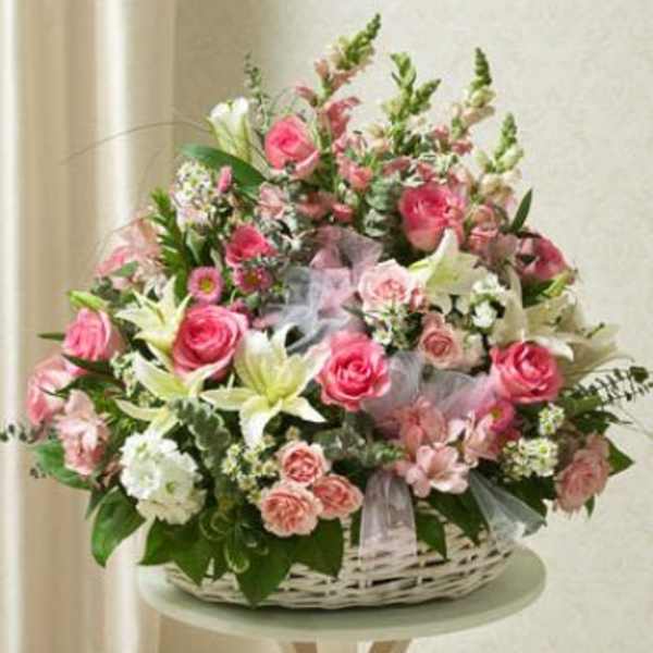 Pink and White Sympathy Arrangement in Basket