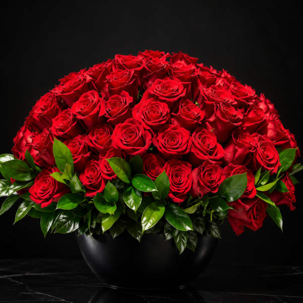 Large bouquet of red roses in a black vase