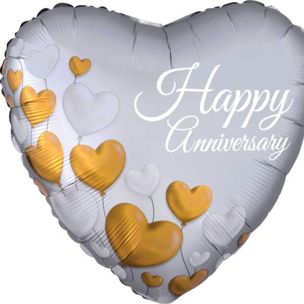 Heart-shaped silver balloon with gold and white hearts and Happy Anniversary text