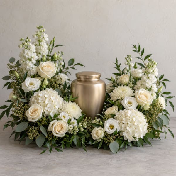 White floral funeral urn arrangement with roses and hydrangeas around a gold urn