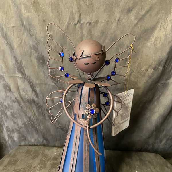 Decorative metal angel figurine with blue accents and jeweled wings