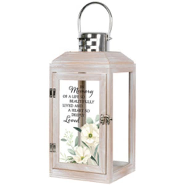 Wooden lantern with a candle and floral print