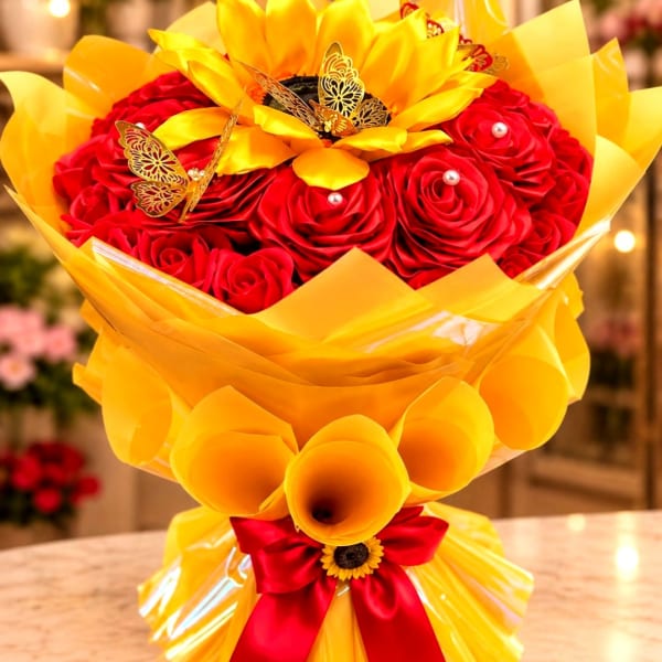 Bouquet of red roses wrapped in bright yellow paper with butterfly accents