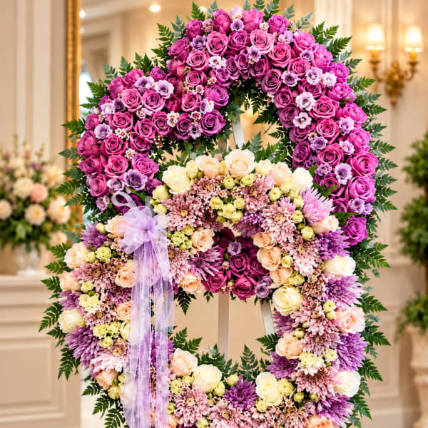 Lavender and pink floral wreath on an easel with a ribbon bow