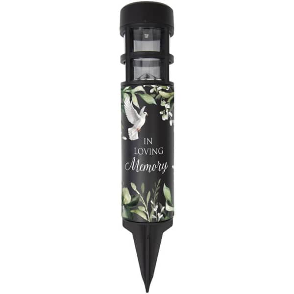Black memorial solar light with a dove and "In Loving Memory" text