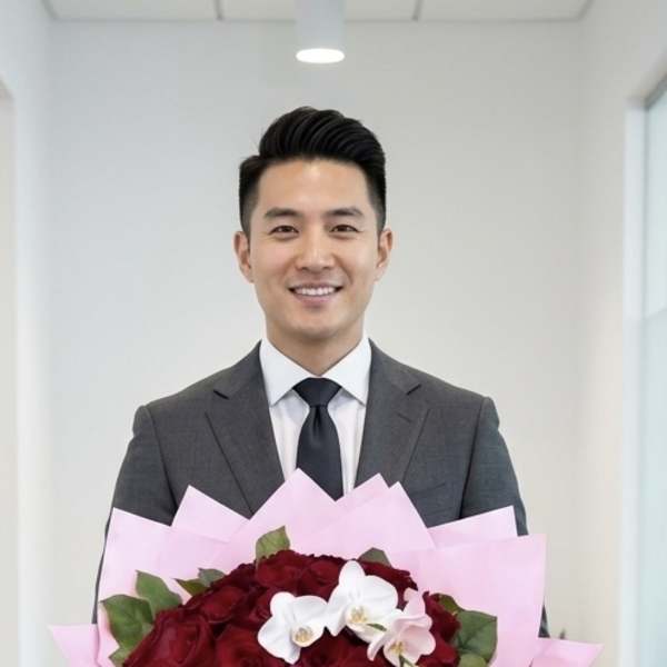 Man holding a bouquet of red roses wrapped in pink paper