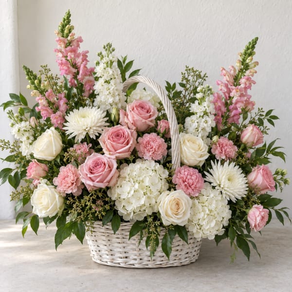 Basket arrangement of pink and white roses, carnations, and white blooms