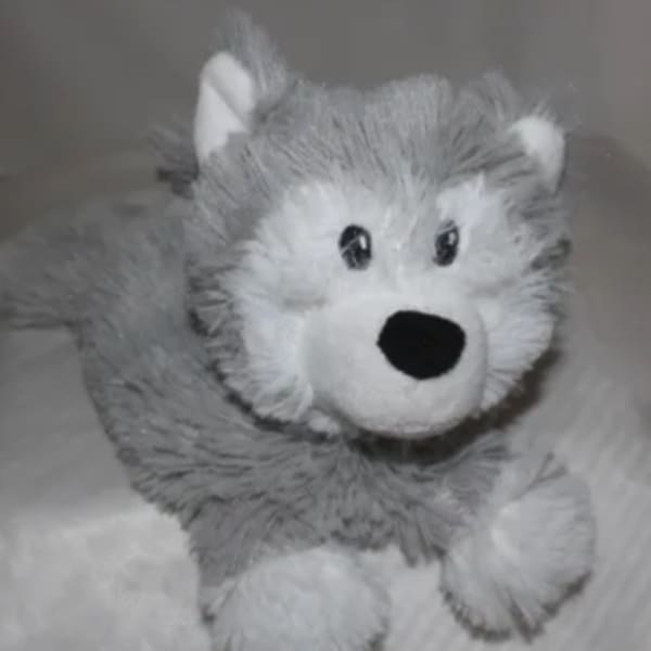 Gray and white plush husky toy with black eyes and nose