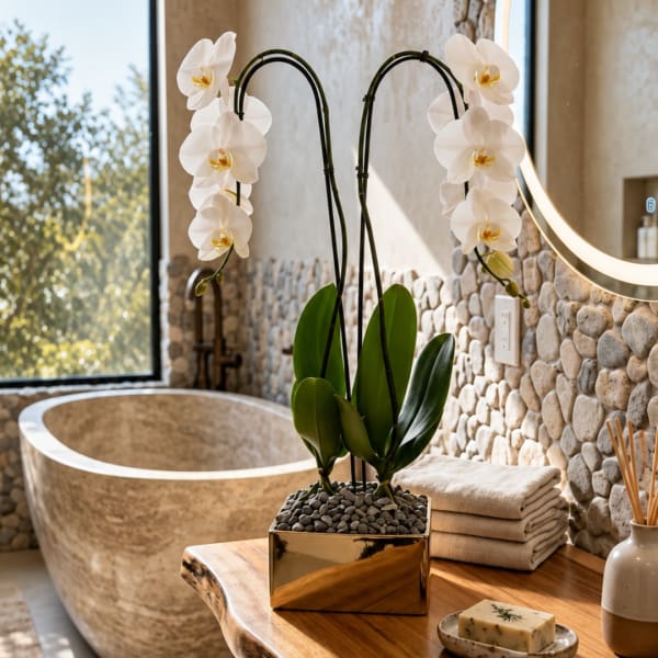 White orchid plant in a gold square pot on a wooden table