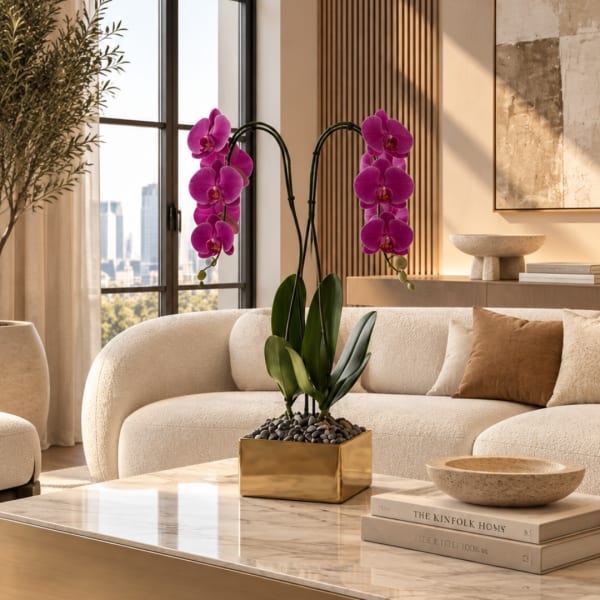 Potted magenta orchids in a gold square planter on a coffee table