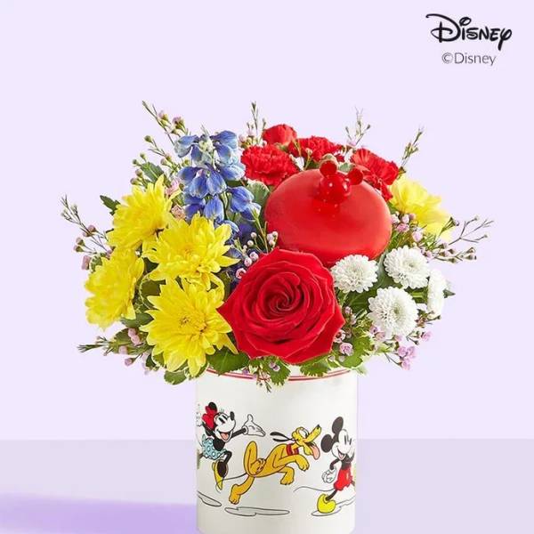 Colorful bouquet in a Disney Mickey and Minnie container