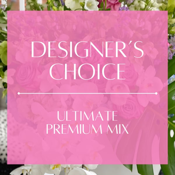 Pink overlay text on a mixed flower arrangement background