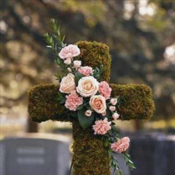 Moss-covered cross with pink flowers on a stand