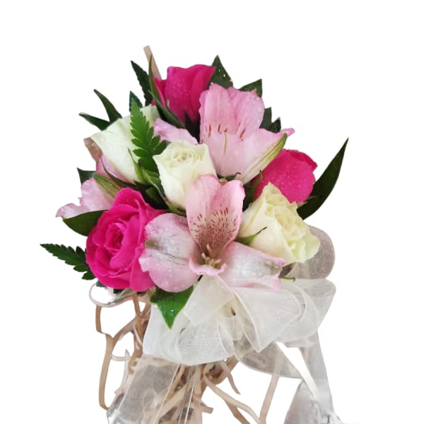 Pink and white rose bouquet with alstroemeria and a sheer ribbon