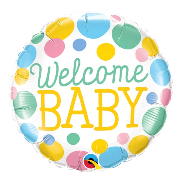 Round balloon with "Welcome Baby" text and colorful polka dots