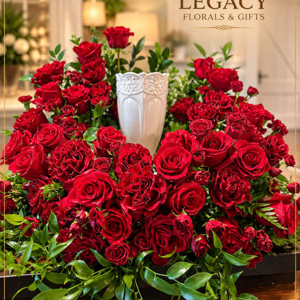 Large red rose arrangement in a white vase with trailing greenery