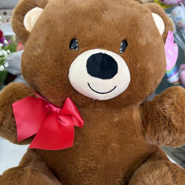 Brown teddy bear plush with a red bow and pink heart on its foot.