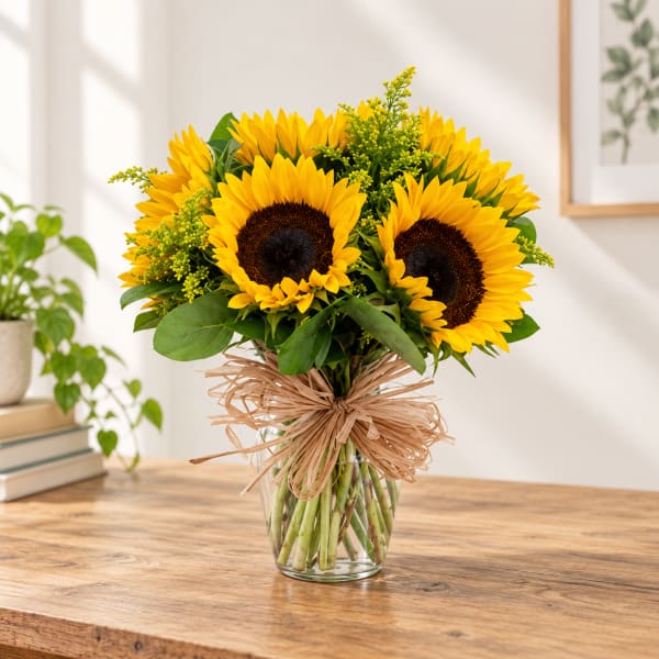 Bouquet of sunflowers in a clear glass vase with a raffia bow