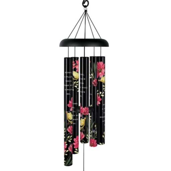 Black floral wind chime with pink and yellow flower print