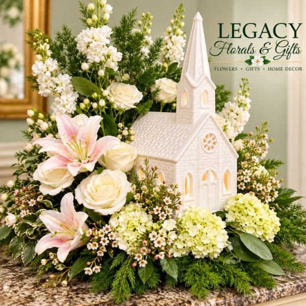 White floral arrangement with roses, lilies, and a church figurine
