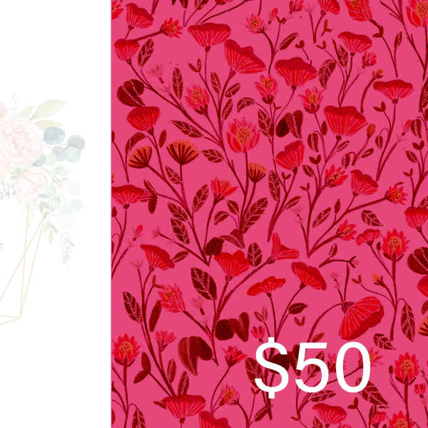 Pink floral gift card with a white logo and $50 amount
