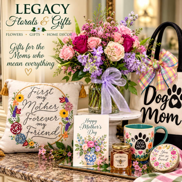 Mixed pink and purple bouquet in a glass vase with a ribbon, surrounded by Mother’s Day gifts