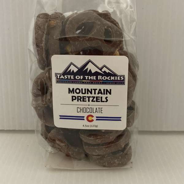 Bag of chocolate-covered pretzels with a product label