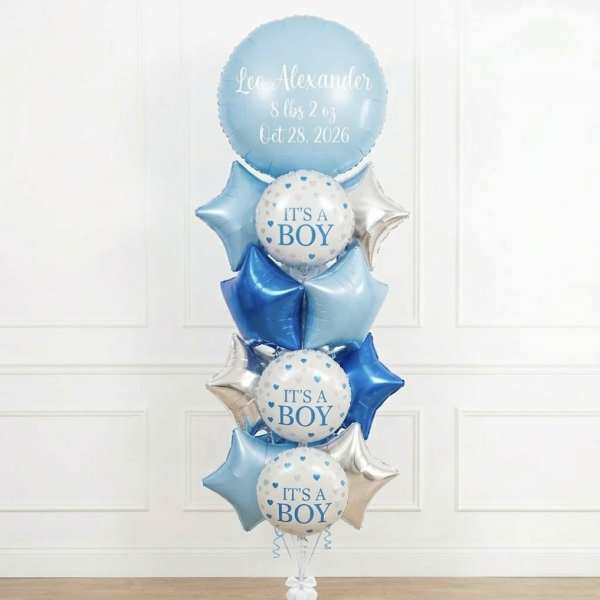 Blue and silver baby shower balloon bouquet with "It's a Boy" balloons