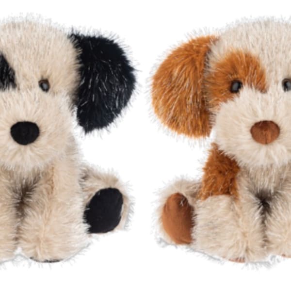 Two plush dog toys with fluffy fur in black-white and brown-white