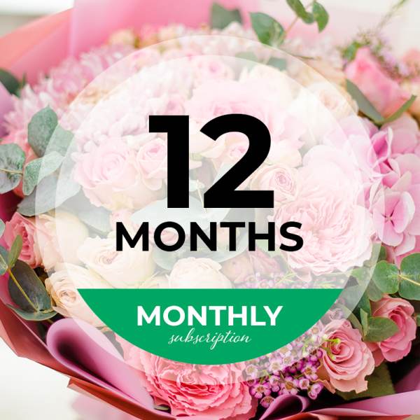 Pink rose bouquet with a 12 months monthly subscription badge