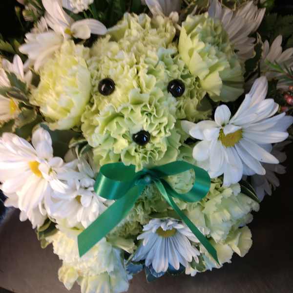 Green flower bouquet shaped like a teddy bear with white daisies and a ribbon