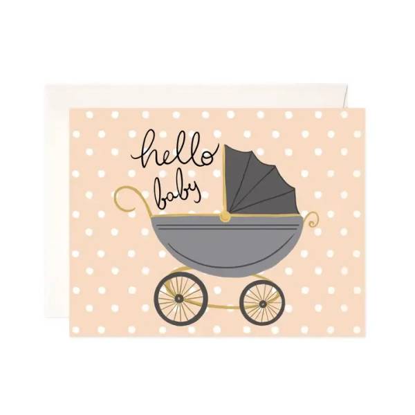 Baby shower card with a stroller and "hello baby" text