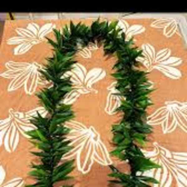 Green leafy garland arranged in a loop on a patterned surface