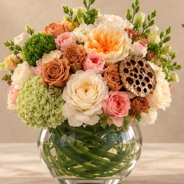 Mixed roses and hydrangeas in a clear glass vase