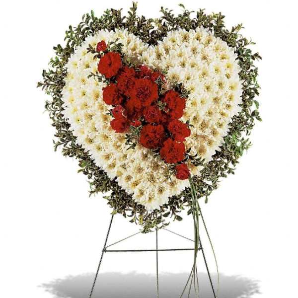 Heart-shaped floral standing spray with red and white flowers