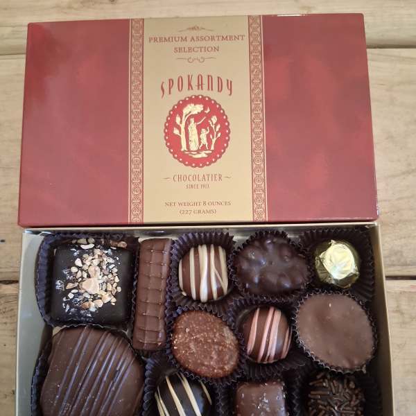 Box of assorted chocolates in a red gift box