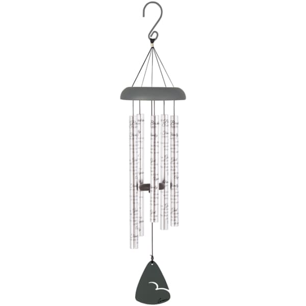 Hanging metal wind chime with clear tubes and a dark top and clapper