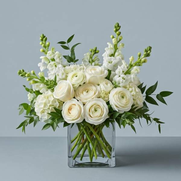 White ranunculus and snapdragons in a clear glass vase