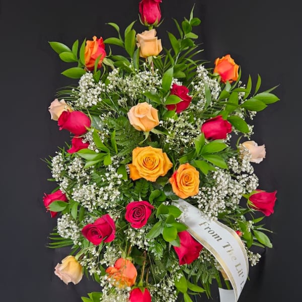 Standing wreath of multicolored roses with baby's breath and ribbon