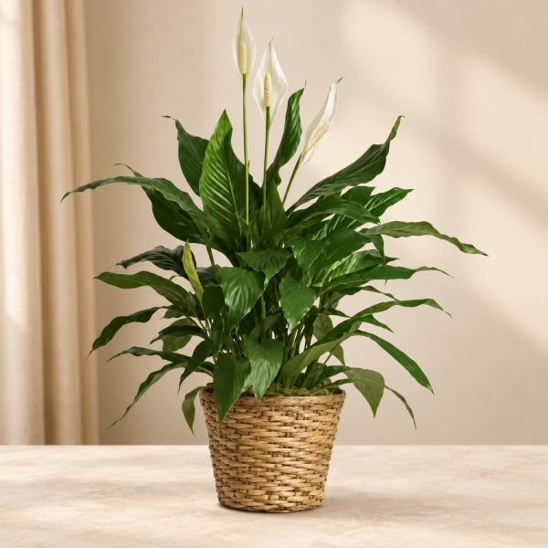 Potted peace lily with white blooms in a woven basket