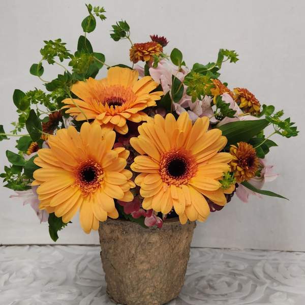 Orange gerbera daisies in a rustic vase with pink accent flowers