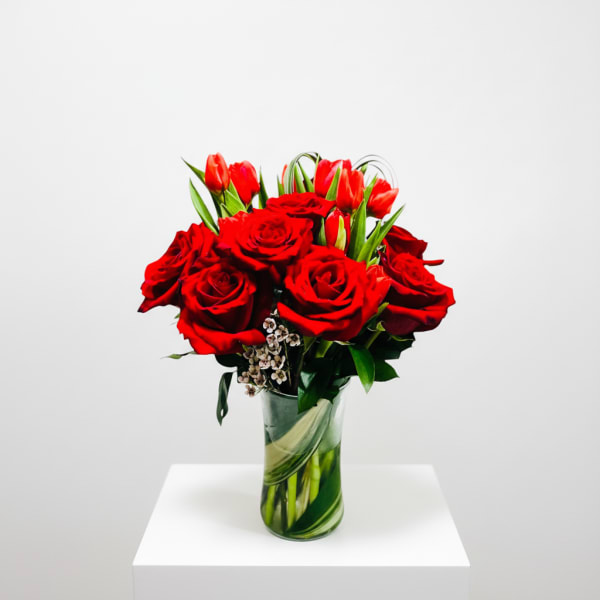 True Romance Arrangement Red Roses and Tulips
